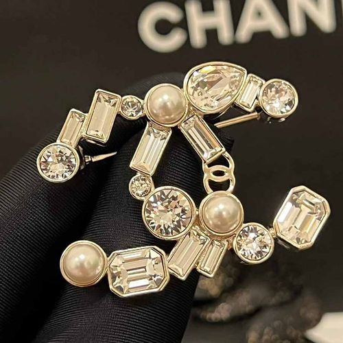 Cài Áo Chanel Brooch CC Silver Pearls Crystals-1
