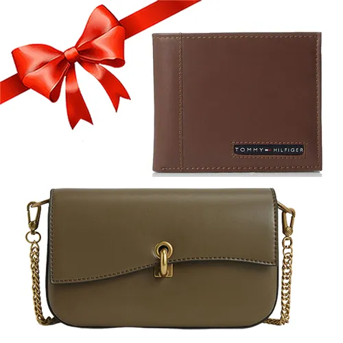 Combo Túi Charles & Keith CNK Tweed 80270609 Màu Rêu + Ví Nam Tommy Hilfiger Tan H007019