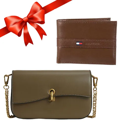 Combo Túi Charles & Keith CNK Tweed 80270609 Màu Rêu + Ví Nam Tommy Hilfiger Tan H031064