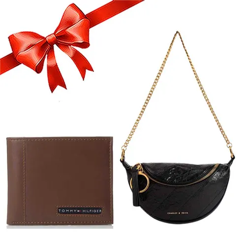 Combo Túi Charles & Keith CNK Half Moon CK2-80151064-3 Màu Đen + Ví Nam Tommy Hilfiger Tan H007019