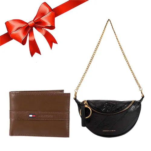 Combo Túi Charles & Keith CNK Half Moon CK2-80151064-3 Màu Đen + Ví Nam Tommy Hilfiger Tan H031064