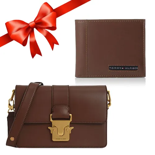 Combo Túi Charles & Keith CNK Metallic Ck2-20781357 Màu Nâu + Ví Nam Tommy Hilfiger Tan H007019