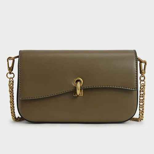 Túi Nữ Charles & Keith CNK Tweed Turn-Lock Front Flap Bag CK2-80270609 Màu Nâu Rêu