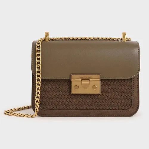 Túi Đeo Chéo Nữ Charles & Keith CNK Woven Push-Lock Crossbody Bag CK2-80701088-4 Màu Kaki