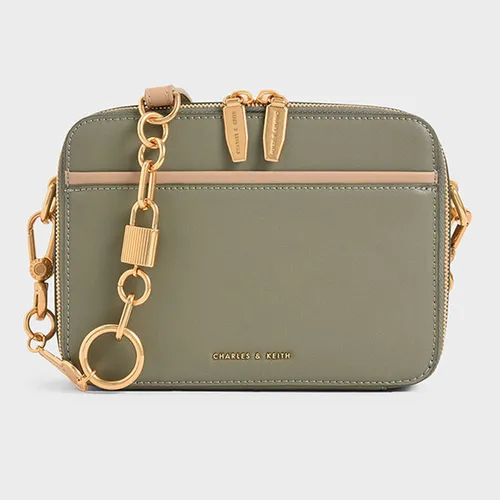 Túi Đeo Chéo Nữ Charles & Keith CNK Double Zip Crossbody Bag - Sage Green 81200008 Màu Xanh Xám