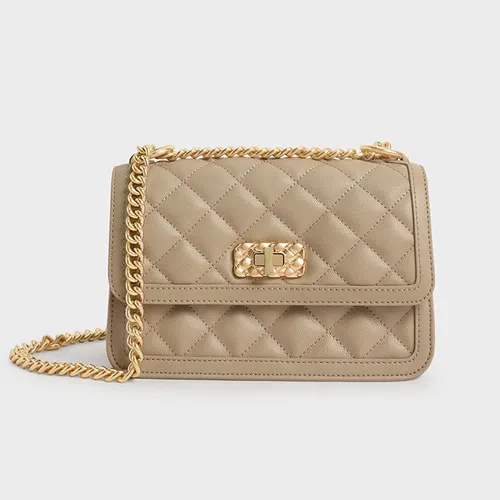 Túi Đeo Chéo Nữ Charles & Keith CNK Micaela Quilted Chain Bag Sand 80151108 Màu Be