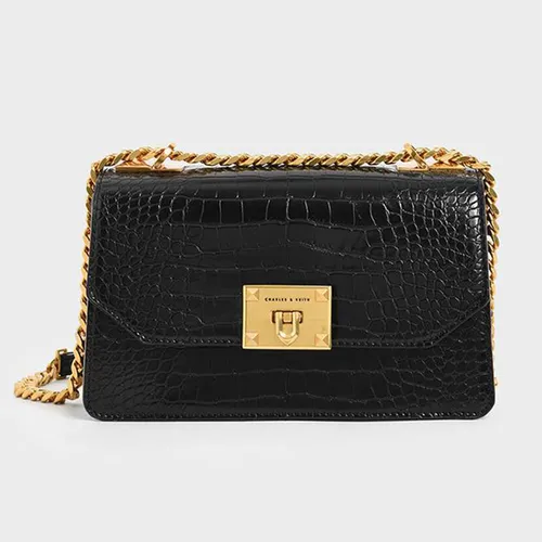 Túi Đeo Vai Nữ Charles & Keith CNK Croc-Effect Chain Strap Crossbody Bag CK2-80781126-2 Màu Đen