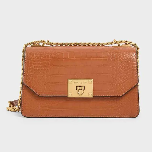 Túi Đeo Vai Nữ Charles & Keith CNK Croc-Effect Chain Strap Crossbody Bag CK2-80781126-2 Màu Nâu