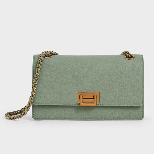 Túi Đeo Vai Nữ Charles & Keith CNK Metallic Push-Lock Shoulder Bag Sage Green CK2-20840315 Màu Xanh Xám