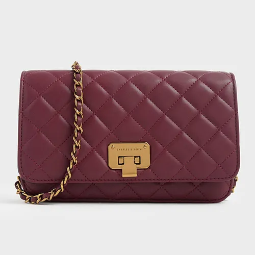 Túi Đeo Vai Nữ Charles & Keith CNK Quilted Flip-Lock Clutch CK2-70160082-2 Burgundy Màu Đỏ