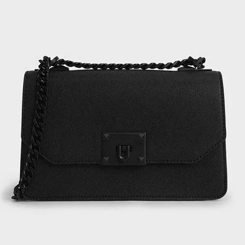 Túi Đeo Vai Nữ Charles & Keith CNK Metallic Push-Lock Crossbody Bag 80781347-3 Màu Đen