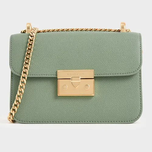Túi  Xách Nữ Charles & Keith CNK Metallic Push-Lock Evening Bag CK2-80701077 Màu Xanh Green