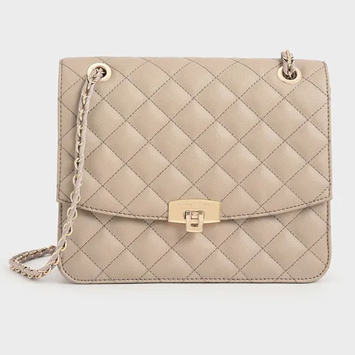 Túi Xách Nữ Charles & Keith CNK Quilted Chain Strap Clutch Sand CK2-70781538-2 Màu Cát Da Sần