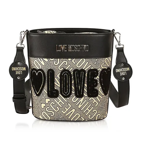 Túi xách - Túi Xách Love Moschino Signature Canvas And Eco Leather Bucket Bag Màu Đen Phối Be - Vua Hàng Hiệu