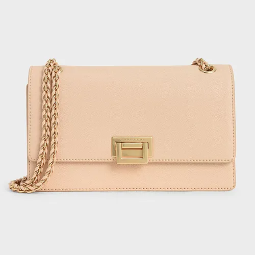 Túi Xách Nữ Charles & Keith CNK Chain Strap Push-Lock Shoulder Bag 20840219-6 Màu Hồng Nude