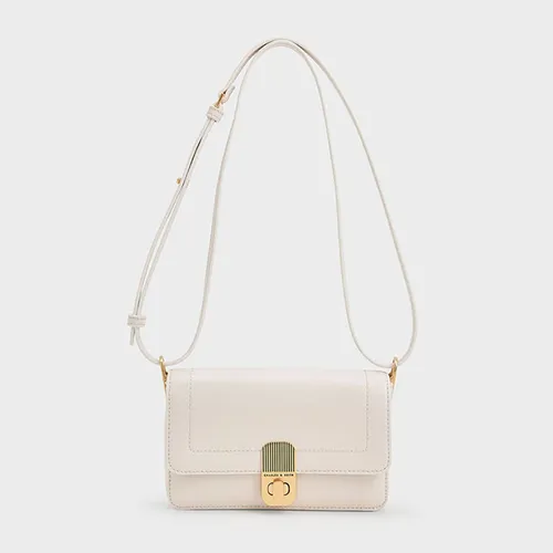Túi Xách Nữ Charles & Keith CNK Enya Front Flap Turn-Lock Shoulder Bag Cream 20781652 Màu Trắng