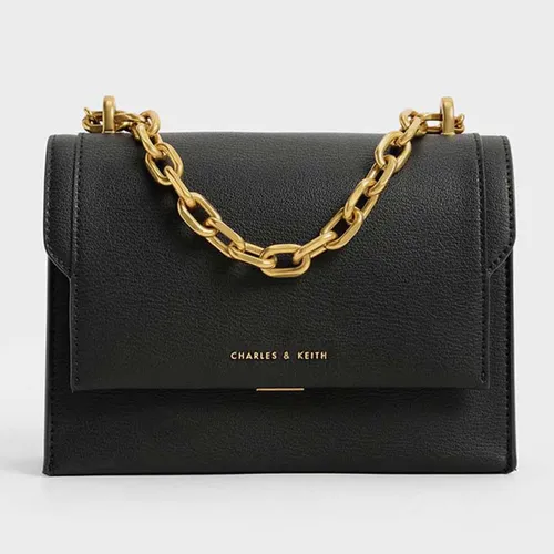 Túi Xách Nữ Charles & Keith CNK Front Flap Chain Handle Crossbody Bag Black 80701259-3 Màu Đen