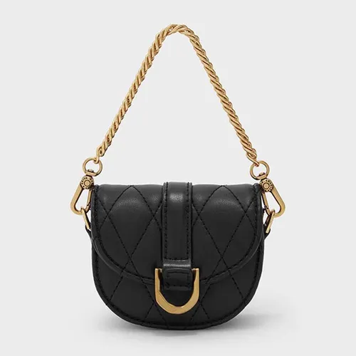 Túi Xách Nữ Charles & Keith CNK Micro Gabine Quilted Saddle Bag​- Black Textured 80781630 Màu Đen