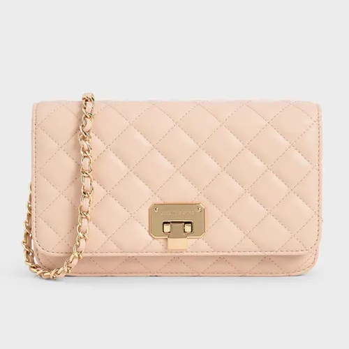 Túi Xách Nữ Charles & Keith CNK Quilted Flip Lock Clutch Nude 70160082-2 Màu Nude