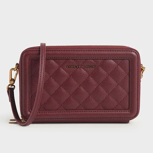 Túi Xách Nữ Charles & Keith CNK Quilted Zip Around Long Wallet Burgundy 10840184 Màu Đỏ Mận