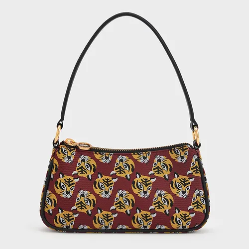 Túi Xách Nữ Charles & Keith CNK Tiger Print Jacquard Shoulder Bag 40151115 Màu Đỏ/Vàng