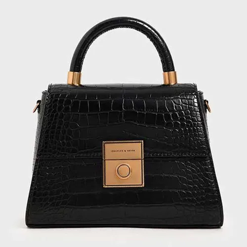 Túi Xách Tay Nữ Charles & Keith CNK Croc-Effect Structured Sculptural Bag 50781127 Màu Đen