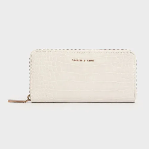 Ví Cầm Tay Nữ Charles & Keith CNK Croc-Effect Mini Long Wallet CK6-10770512-1 Màu Trắng Kem