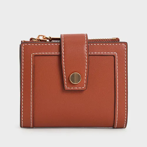 Ví Nữ Charles & Keith CNK Bronte Stitch Trim Short Wallet Brick 11200018 Màu Nâu