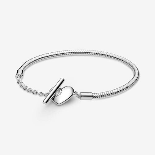 Vòng Đeo Tay Nữ Pandora Moments Heart T-Bar Snake Chain Bracelet 599285C00 Màu Bạc Size 16