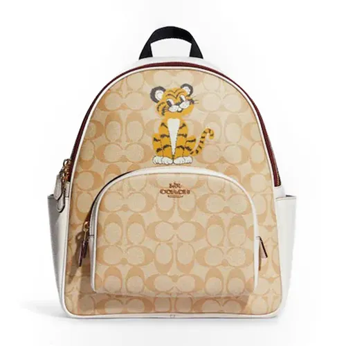 Coach Nữ Nâu - Trắng Balo - Balo Coach Court Backpack In Signature Canvas With Tiger Màu Nâu Trắng - Vua Hàng Hiệu