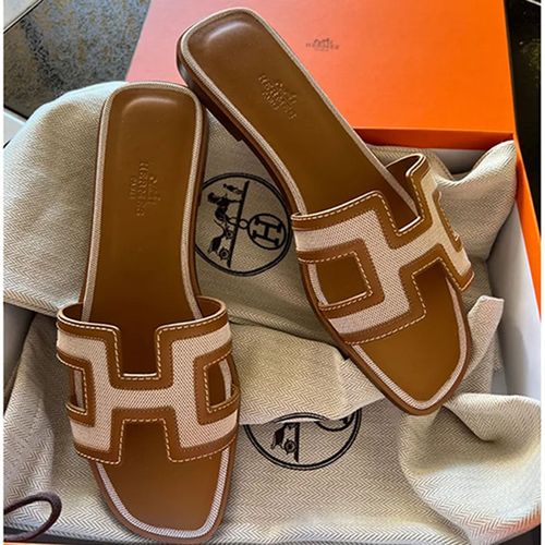 Dép Hermès Oran Leather Sandal Màu Nâu Viền Be Size 37-2
