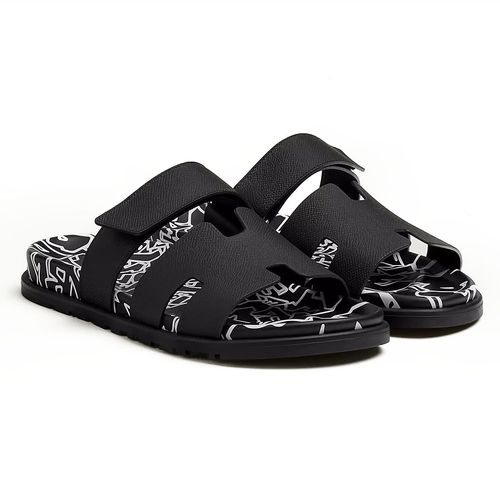 Dép Sandal Hermès Cyprus Noir Blance Leather H Logo Slide Slip On Flat Màu Đen Size 42-1