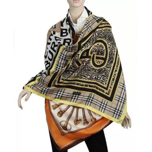 Khăn Quàng Cổ Burberry Multicolored Cannes New Extra Long Text Logo Leopard Silk Oblong Shawl Scarf/Wrap-3