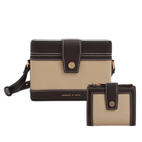 Set Charles & Keith CNK (Túi Bronte Boxy Crossbody Bag Sand + Ví Bronte Stitch Trim Short Wallet)