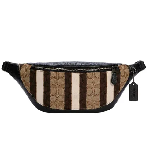 Túi Đeo Hông Coach Nam Belt Warren In Signature With Stripes Gunmetal Khaki Black Jacquard Cross Body Bag Màu Nâu - Túi xách - Vua Hàng Hiệu