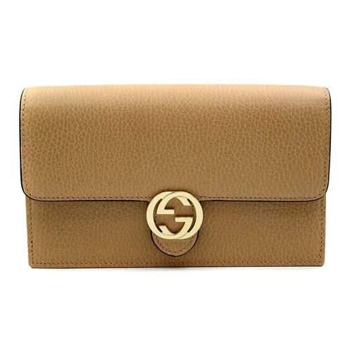 Túi Xách Gucci Pebbled Leather Interlocking G Wallet On Chain Clutch Bag Màu Be N-HM