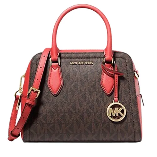 Túi Xách Michael Kors MK Ayden Medium Logo And Faux Leather Satchel Brown Màu Nâu Quai Đỏ