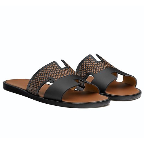 Dép Hermès Logo Plain Leather Sandals Màu Đen Nâu Size 39.5-2