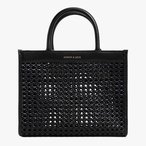 Túi Tote Nữ Charles & Keith CNK Woven Double Handle Tote Bag Black 50781485 Màu Đen