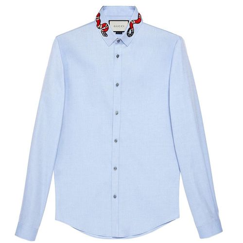 Áo Sơ Mi Gucci Cotton Duke Snake Collar Shirt Cổ Rắn 43350-Z3898 Màu Xanh Blue