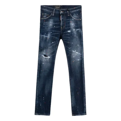 Thời trang - Quần Bò Dsquared2 Dark Ripped Red & Blue Spots Wash Coll Guy Jeans S74LB1051 Màu Xanh Bò - Vua Hàng Hiệu