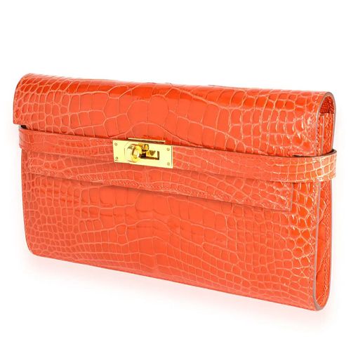 Ví Cầm Tay Nữ Hermès Tangerine Shiny Alligator Classic Kelly Wallet GHW Màu Cam