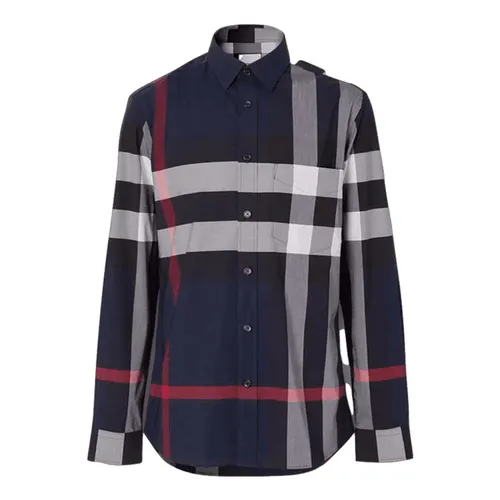 Áo Sơ Mi Burberry Check Stretch Cotton Poplin Shirt Màu Xanh Navy Size S