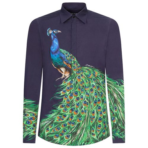 Áo Sơ Mi Dolce & Gabbana Men's Blue Peacock-Print Cotton Gold-Fit Shirt G5GB3T-HP57Z Màu Xanh Navy