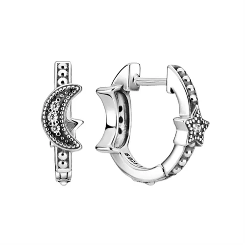 Khuyên Tai Pandora Crescent Moon & Stars Beaded Hoop Earrings 299152C01 Màu Bạc