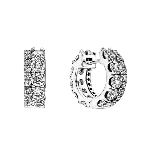 Khuyên Tai Pandora Double Band Pavé Hoop Earrings 290058C01 Màu Bạc