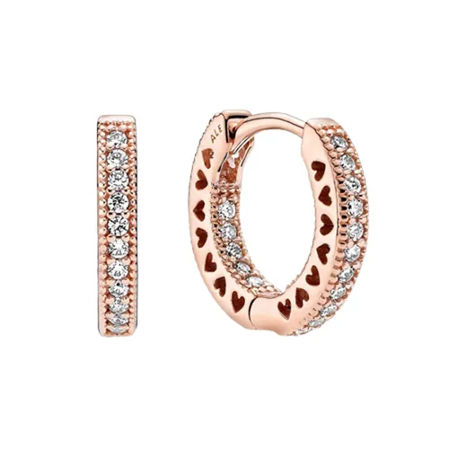 Khuyên Tai Pandora Pavé Heart Hoop Earrings 286317C01 Màu Vàng Hồng