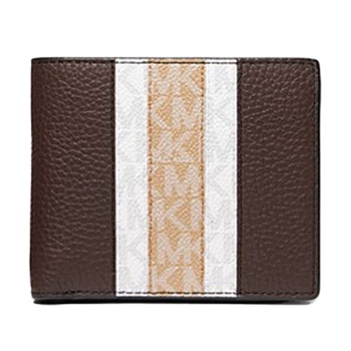 Ví Nam Michael Kors MK Hudson Pebbled Leather Logo Stripe Billfold Wallet With Coin Pouch 39F1LHDF3L 0001 Phối Màu Trắng Nâu-3