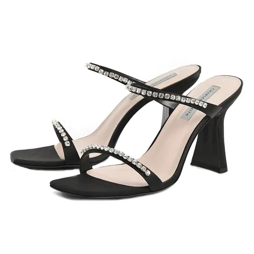 Dép Cao Gót Nữ Charles & Keith CNK Satin Gem-Encrusted Heeled Sandals Black 60050949 Màu Đen 35