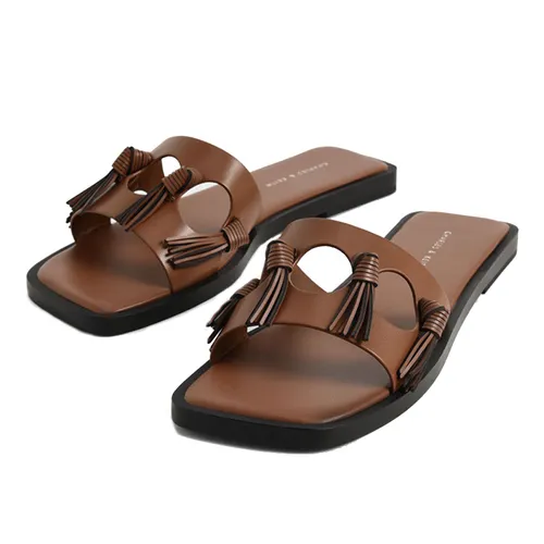 Dép Nữ Charles & Keith CNK Fringe Detail Slide Sandals CK1-70580182 Màu Nâu Size 37